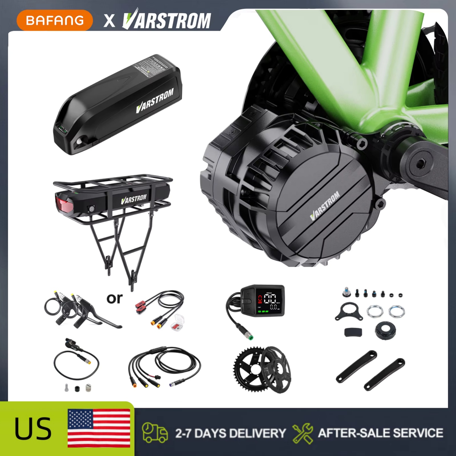 Side Hung Mid Drive Motor Kit - Varstrom 750W 48V ミッドモーターキット、トルクセンサー搭載、VSM01 eBikeエンジン、電動自転車変換キット、リチウムバッテリー20Ah、30A BMS、ロアチューブ/リアラック取り付け用。